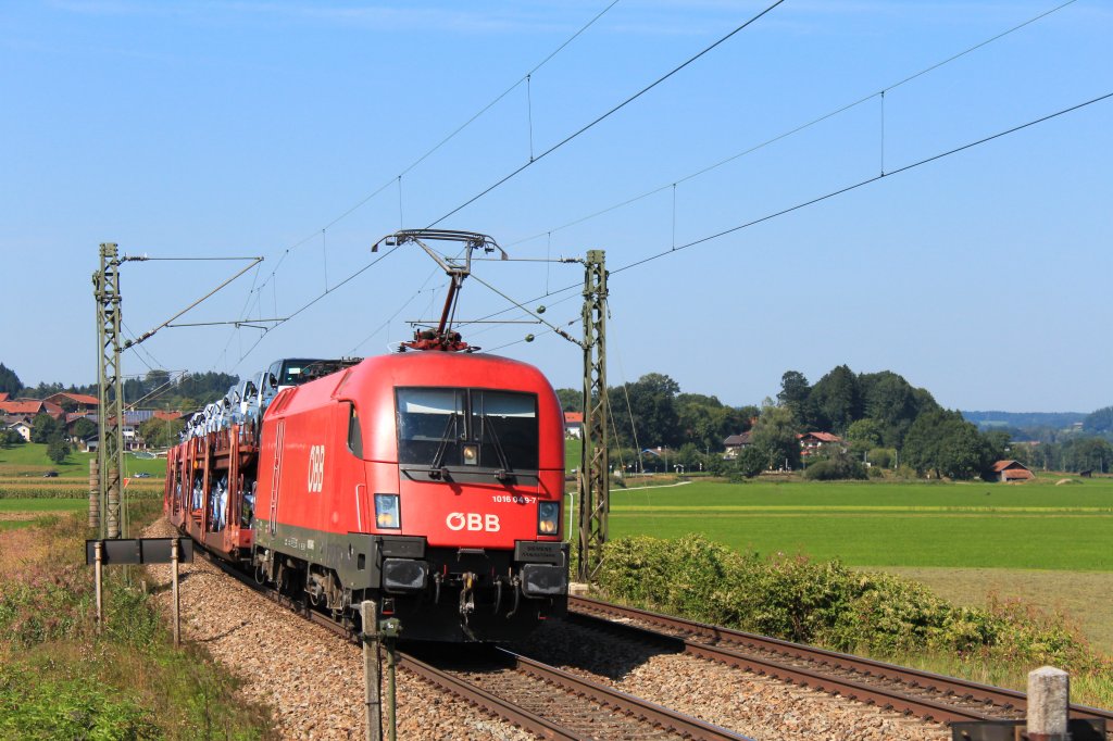 1016 049-7 auf dem Weg in Richtung Salzburg. Aufgenommen am 10. September 2012 zwischen Prien am Chiemsee und Bernau.