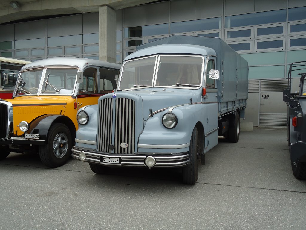 (129'944) - Saurer-Bus mit Lastwagenaufbau - SO 154'795 - am 18. September 2010 in Breil, Milit�ranlage