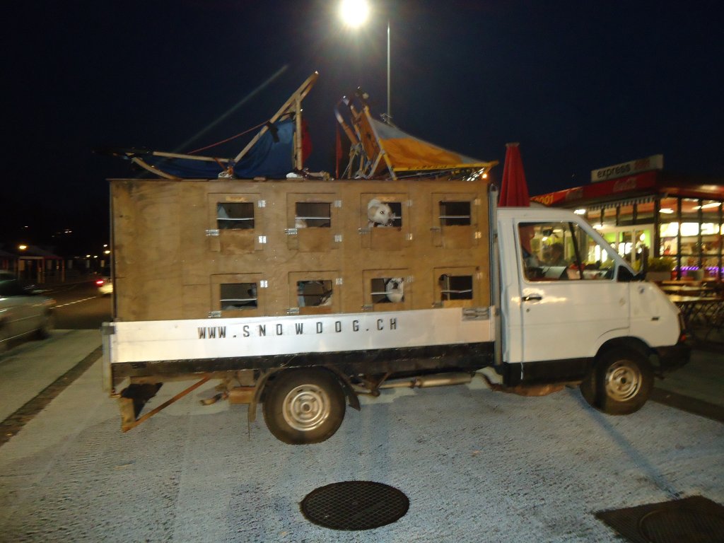(132'666) - Lieferwagen mit Huskys beladen am 4. M�rz 2011 beim Bahnhof Thun