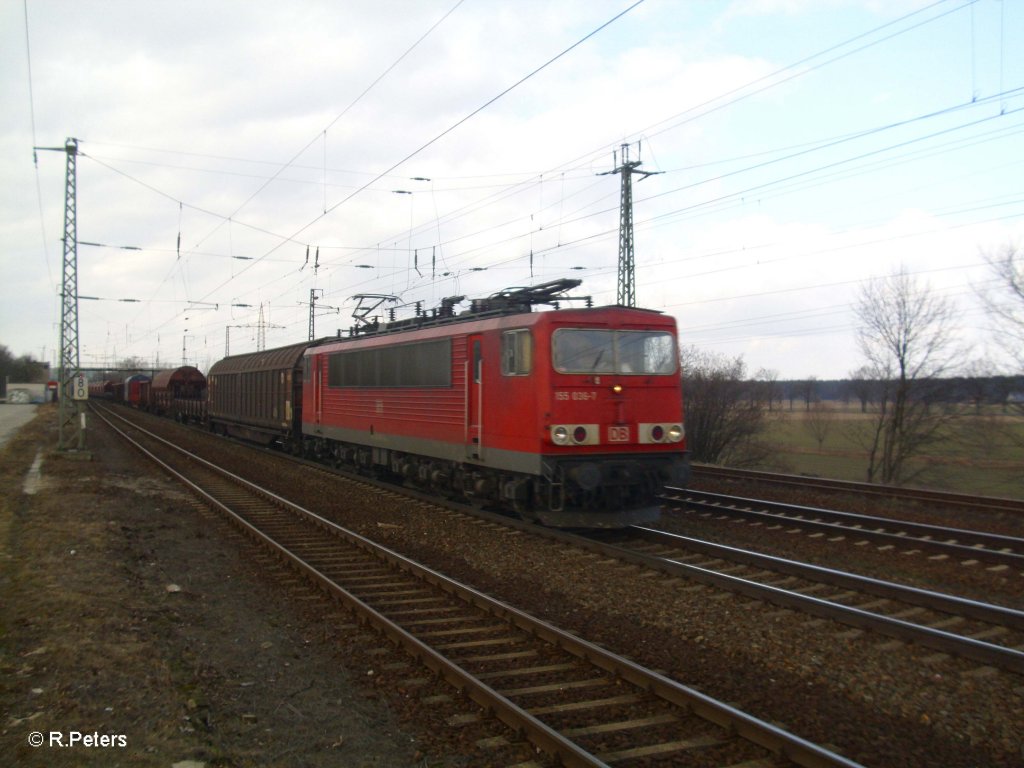 155 036-7 mit gemischten Gterzug in Saarmund. 11.03.11