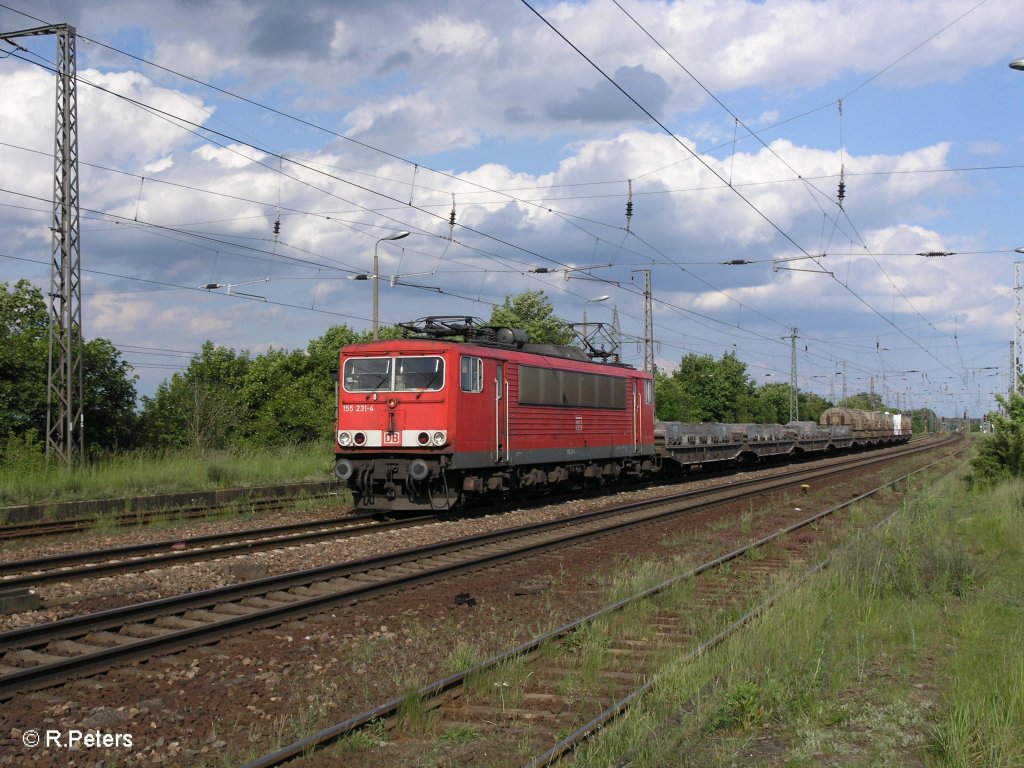 155 231-4 zieht ein Stahlzug durch Saarmund. 24.05.09