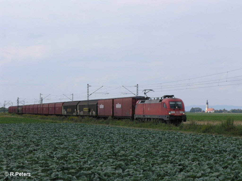 182 024-0 zieht ein gedeckten Gterzug bei Stephansposching nach Passau. 08.08.09
