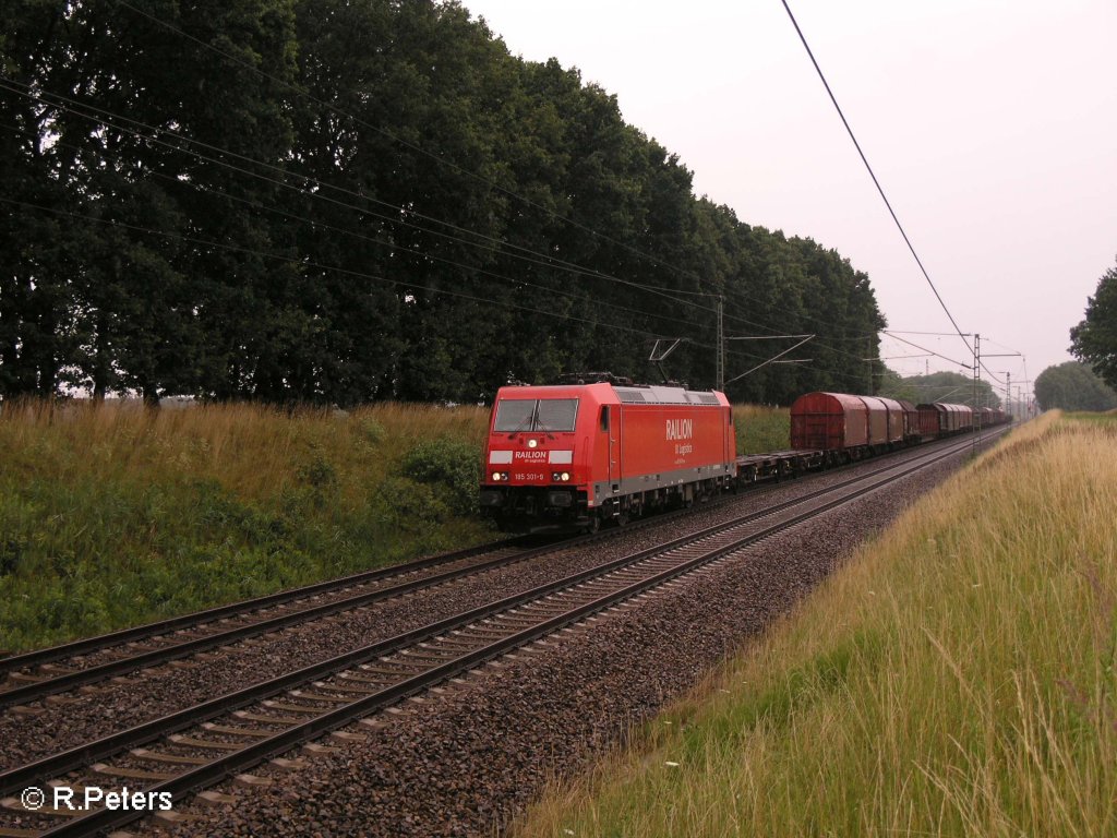 185 301-9 zieht bei Jacobsdorf(Markt) ein gemischten Gterzug. 13.07.08