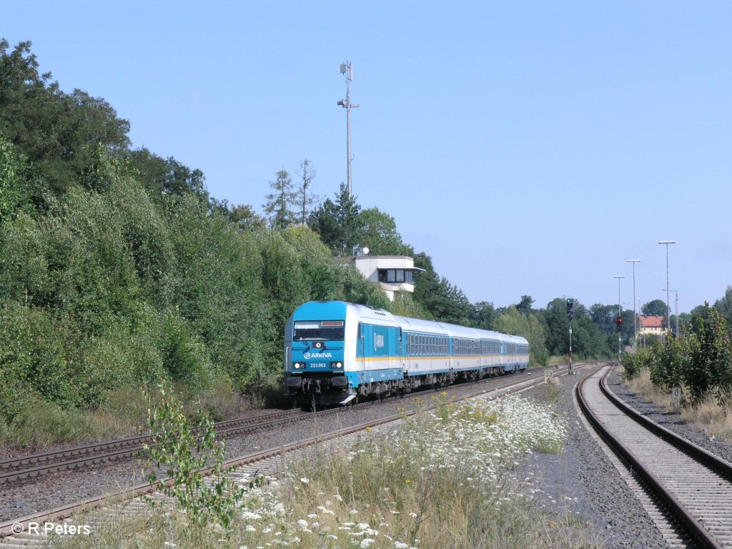 223 063 fhrt mit den ALX37979 nach Mnchen in Wiesau/Oberpfalz ein. 05.08.09
