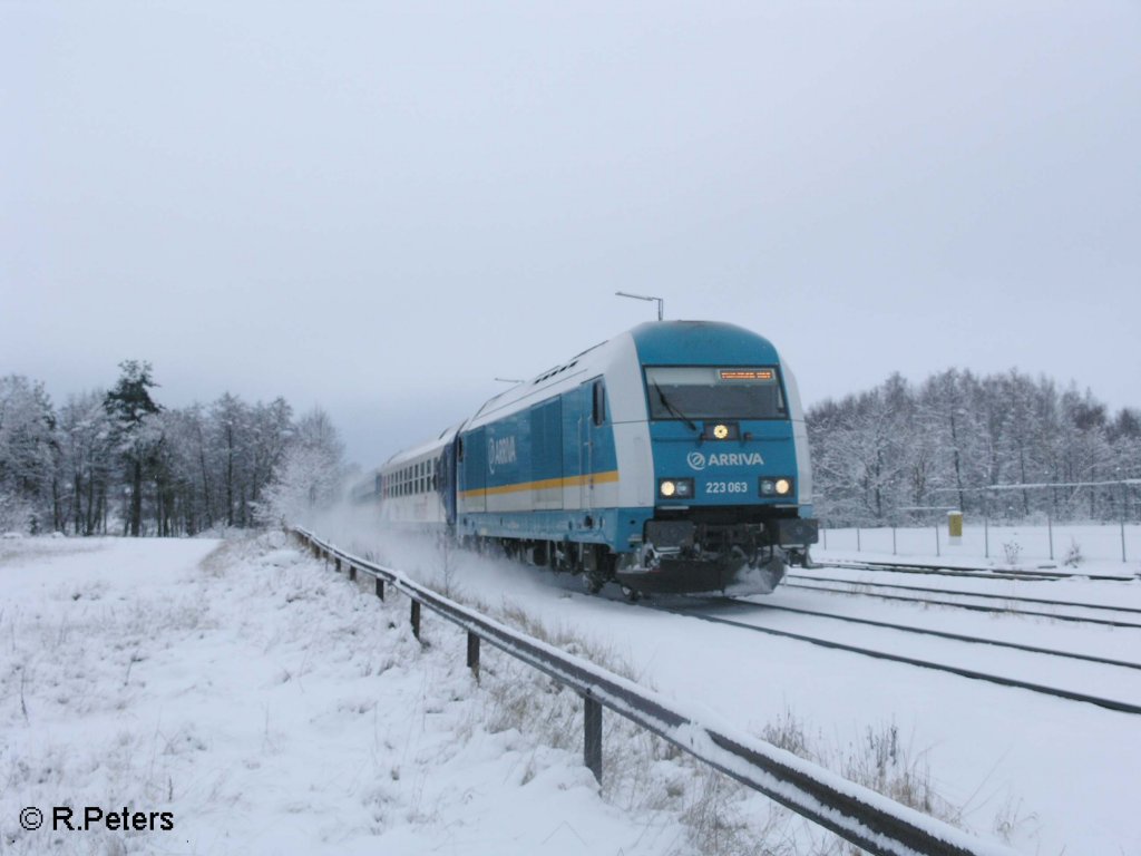 223 063 fhrt mit den ALX37983 nach Mnchen in Wiesau/Oberpfalz ein. 12.12.08
