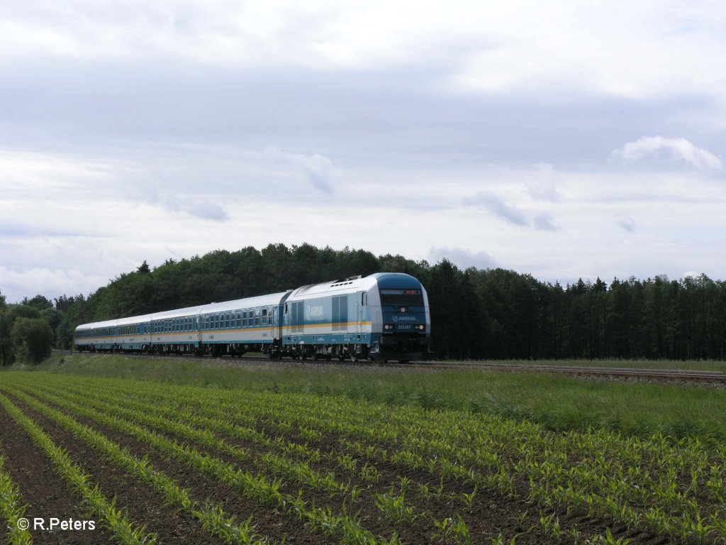 223 067 zieht bei Oberteich den ALX37972 nach Hof. 08.06.09
