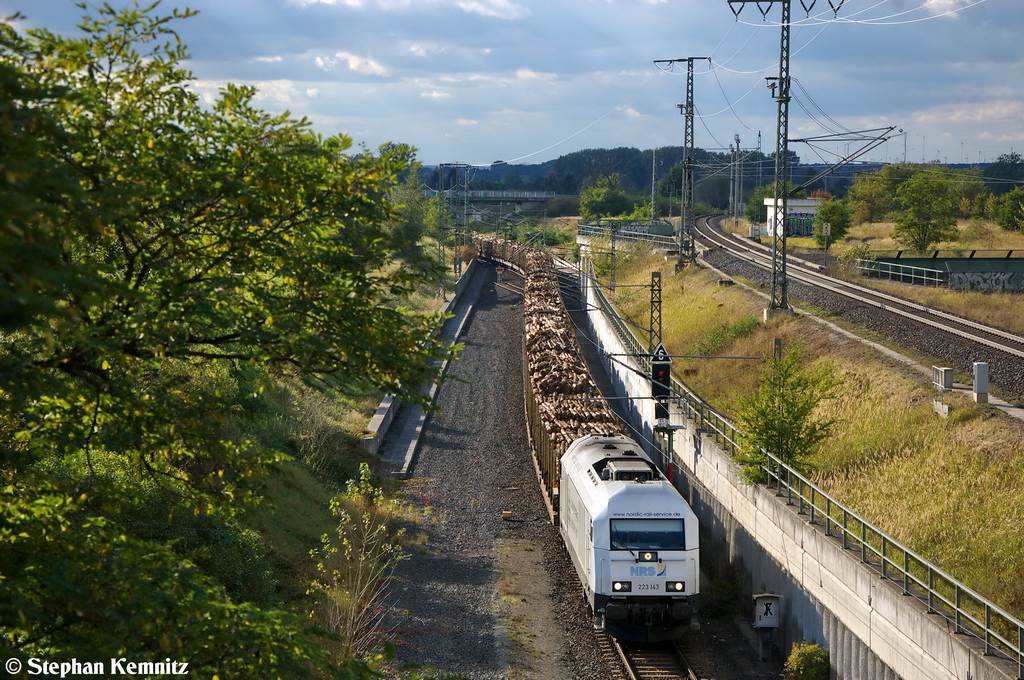 223 143-9 SG - LHG Service Gesellschaft mbH kam mit einem Holzzug durch Wahrburg(Stendal) aus Richtung Wolfsburg gefahren und fuhr zum Stendaler Gbf. Dort hatte die Lok umgesetzt und brachte den Holzzug nach Arneburg(Niedergrne). 03.10.2012