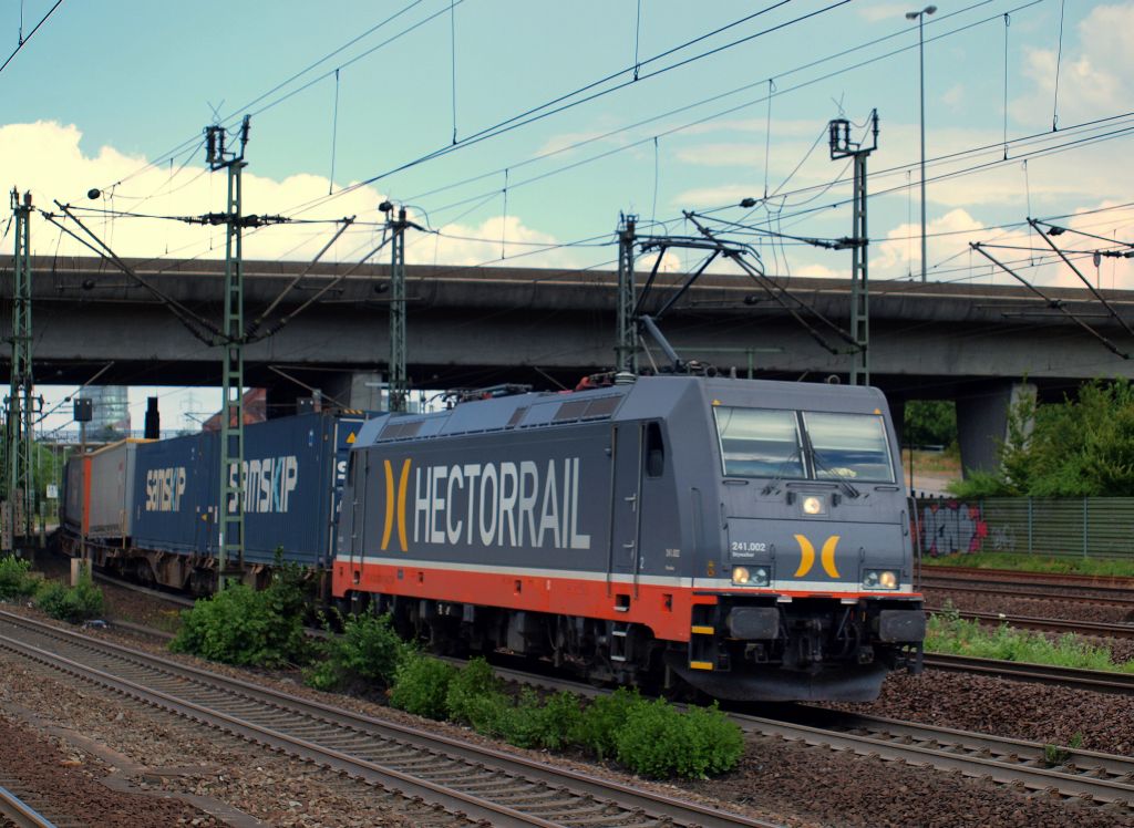 241.002  Skywalker  rauschte mit einem Van-Dieren durch den Bahnhof Hamburg-Harburg am 15.7.