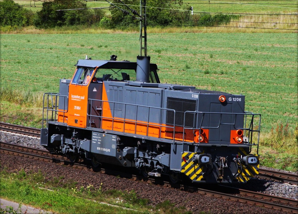 275 805 (92 80 1275 805-0 D-LPG) von Locomotives Pool fuhr in Richtung Sden als ich sie am 12.08.12 in der Nhe von Harrbach fotografieren konnte. 