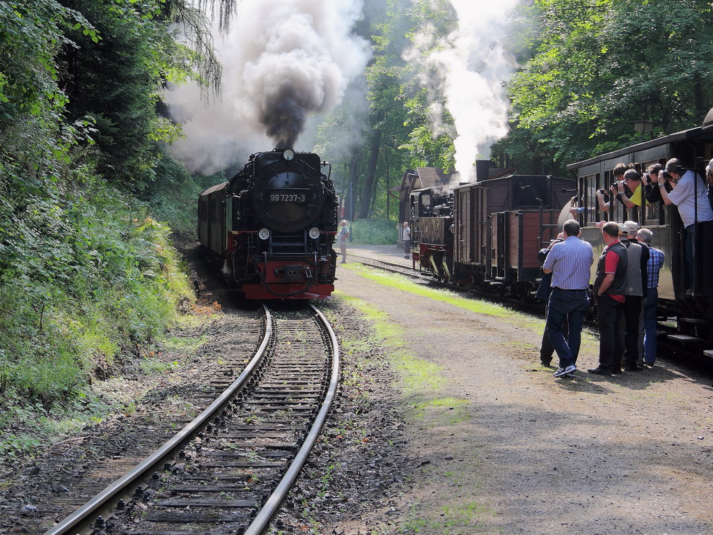 99 7237-3 und 99 5906-5 am 13. Juli 2013 im Bahnhof Steinerne Renne.