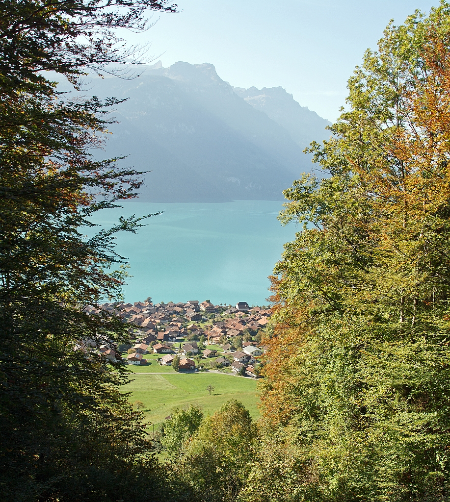 Bilck auf dem Brienzersee am 01.10.2011 auf Bergfahrt mit der Heizl BRB 16 zum Brienzer Rothorn, oberhalb von Brienz. 