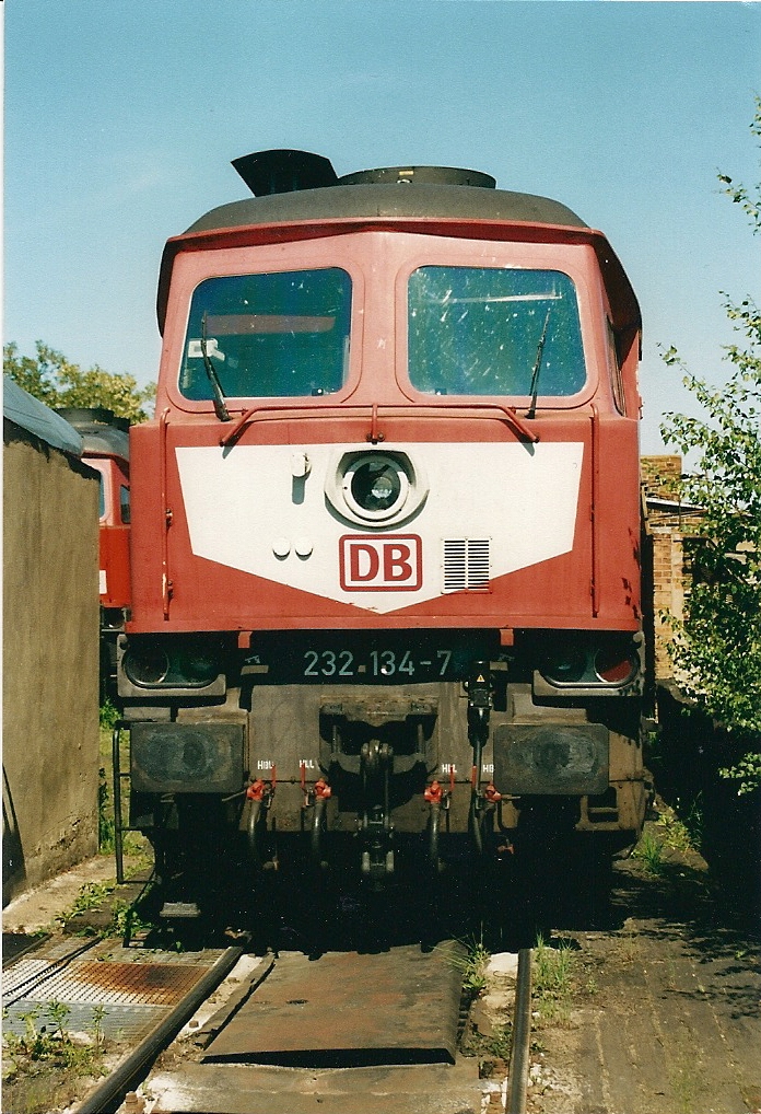 Das Orientrote Farbschema mit Latz prsentiert die 232 134.Sie zeigt sich im 29.05.2003 in Hoyerswerda kurz vor der z-Stellung .