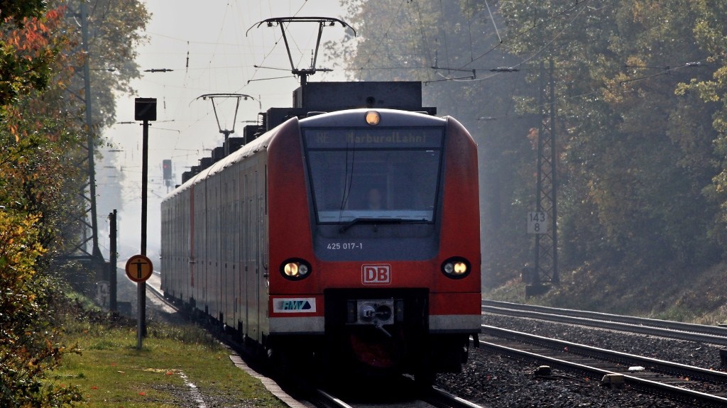 Das Wetter machte es einem nicht leicht...zu dem Gegenlicht kam auch noch Nebel...425 017 am 23.10.10 in Lang Gns