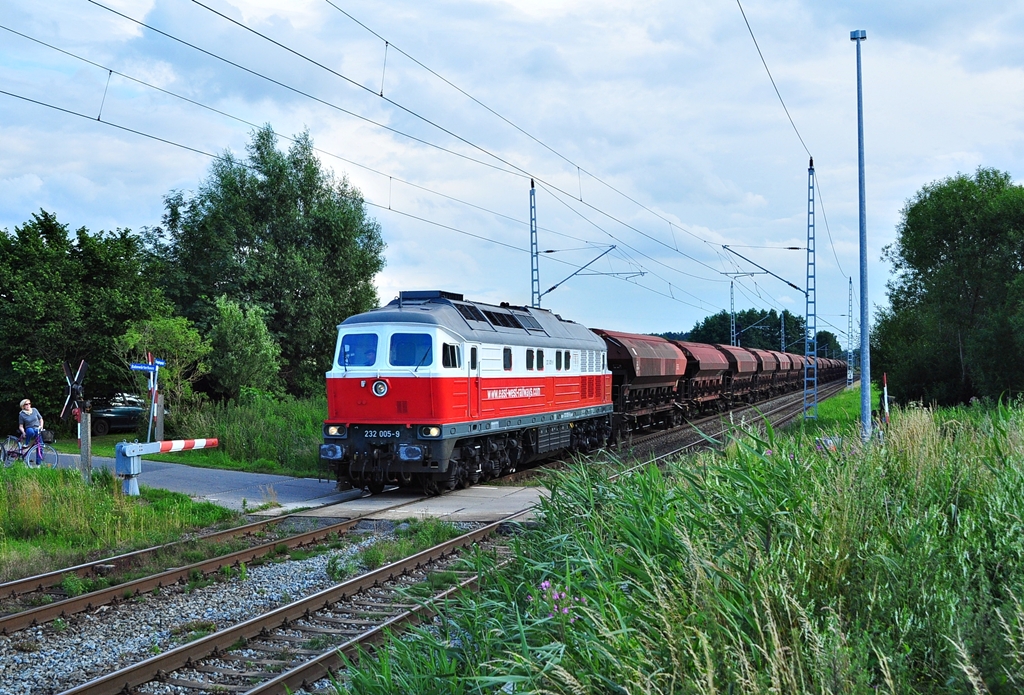 Der  EWR-Bulle  232 005(vermietet an DB-Schenker Deutschland)rollt am 11.07.2012 durch Sildemow in Richtung Rostock-Seehafen.