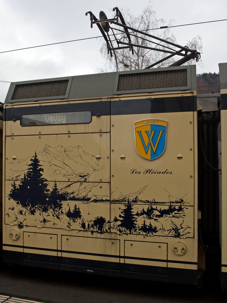 Detail: Antriebeinheit des Be 2/6 - 7001 (Stadler Elektrischer Niederflur-Doppelgelenk-Leichttriebwagen Typ GTW 2/6) der MVR (Transports Montreux–Vevey–Riviera) ex CEV (Chemins de fer lectriques Veveysans), hier am 26.02.2012 im Bahnhof Blonay.