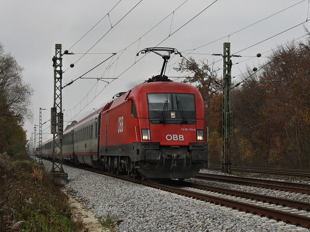 Die 1116 116 am 31.10.2009 mit einem EC unterwegs bei Haar (Mnchen).
