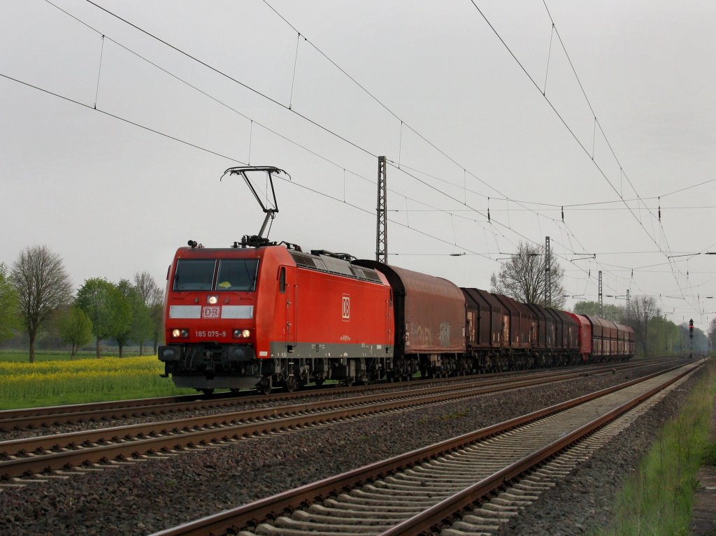 Die 185 075 am 28.04.2010 mit einem Gterzug unterwegs bei Drverden. 