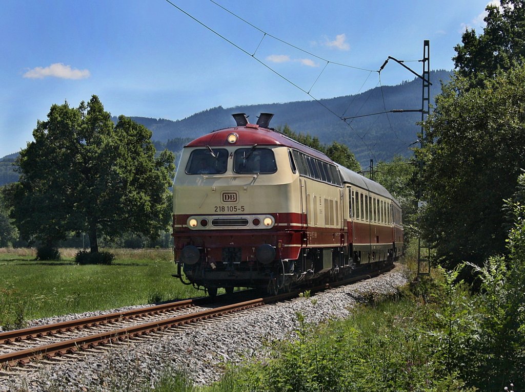 Die 218 105 am 01.08.2010 mit dem TEE als RB unterwegs bei Traundorf.
