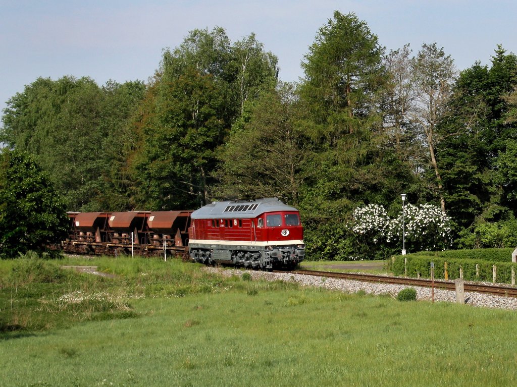 Die 232 088 am 21.05.2011 mit einem Schotterzug unterwegs bei Hirschau.
