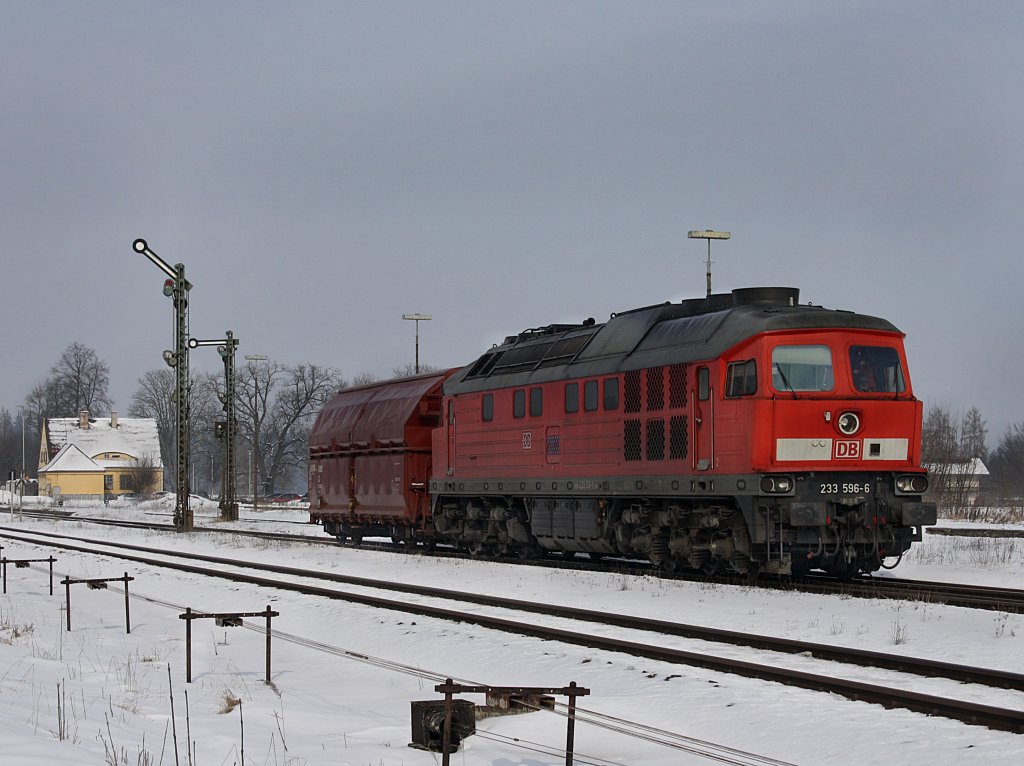 Die 233 596 mit einem Sehr Schweren Gterzug am 17.02.2010 bei der Durchfahrt in Tling. 
