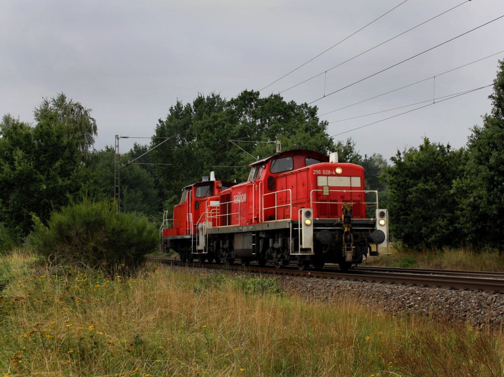 Die 296 028 mit einer V 60 im Schlepp am 11.08.2010 unterwegs bei Eystrup.