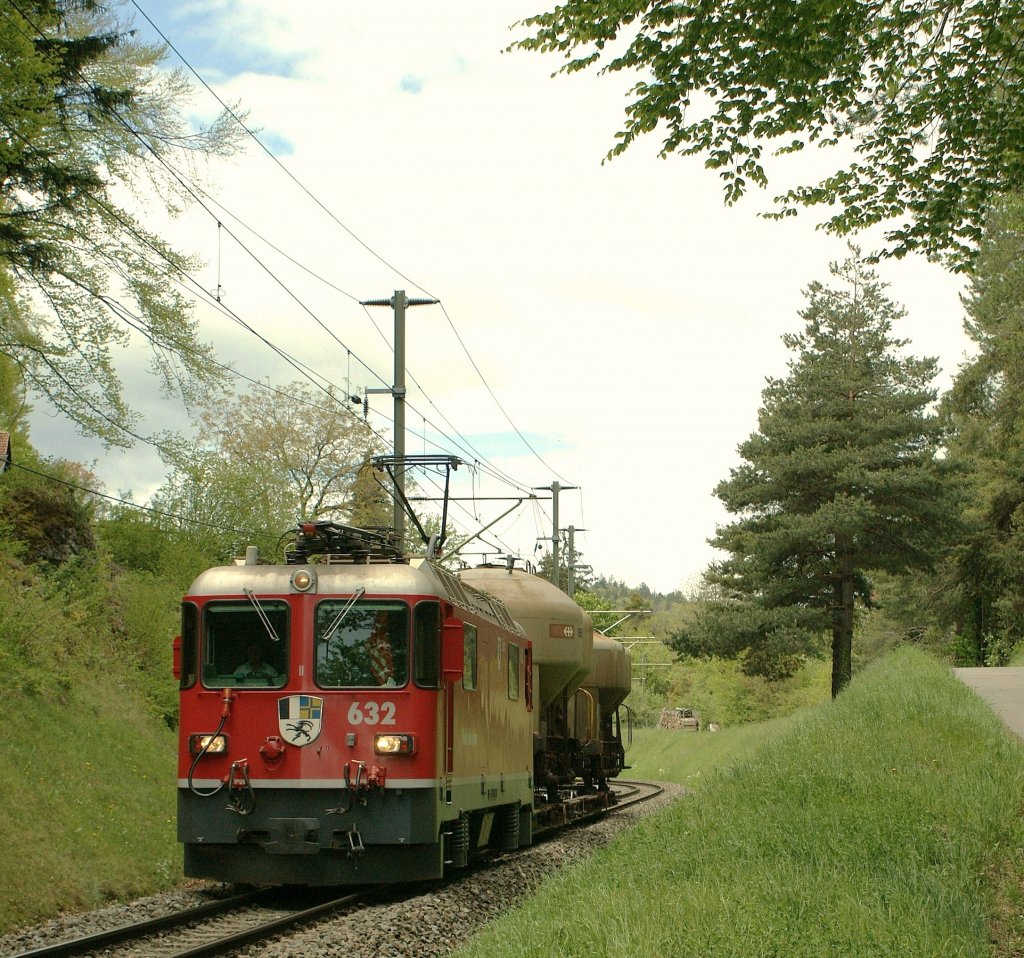 Die RhB Ge 4/4 II mit zwei aufgeschemelten SBB Gterwagen kurz vor Reichenau am 10. Mai 2010