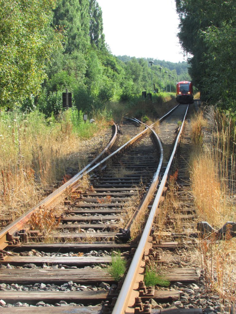 Die Weichenverbindung von Gleis 1-2 mit dem 641 im Hintergrund in Friedrichroda am 27.Juli.2013