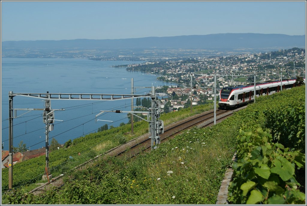 Ein Flirt verlsst Grandvaux Richtung Lausanne. 
18.07.2012