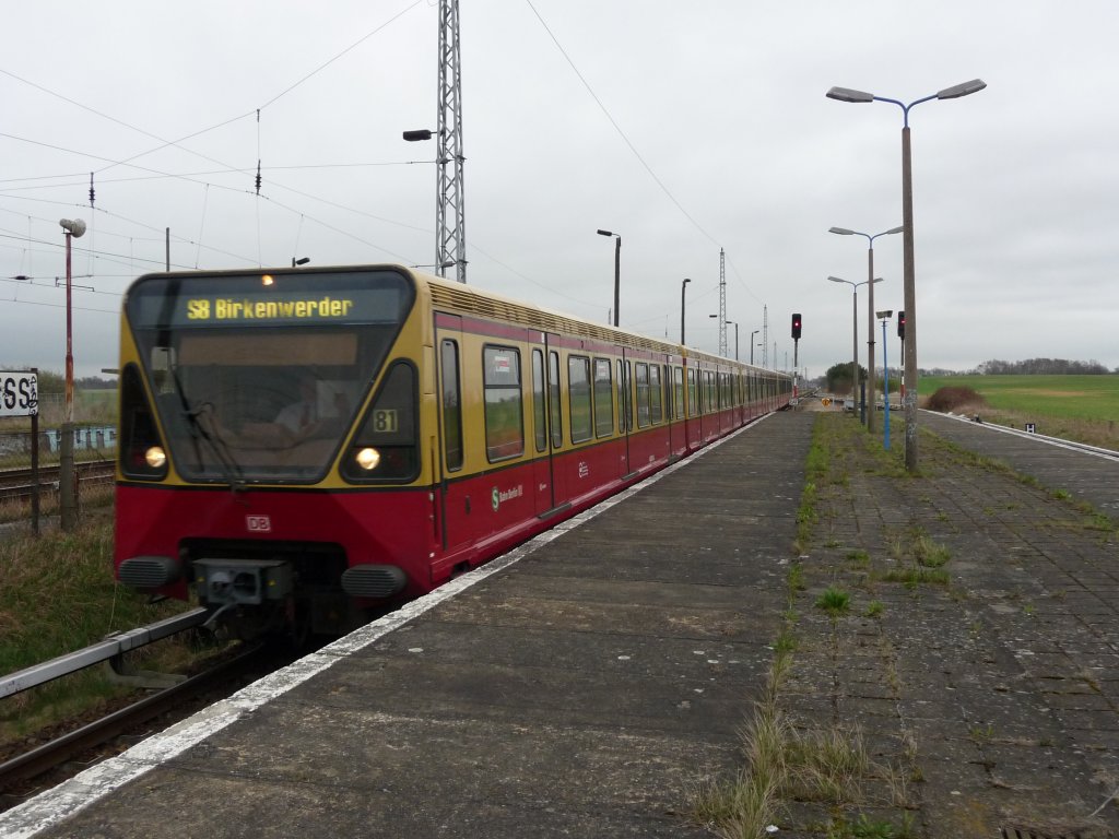 Ein Vollzug der Baureihe 480 erreicht am 11.04.2012 Schnflie bei Berlin.
S8 -> Birkenwerder