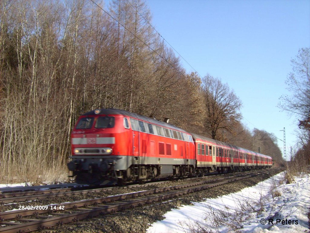 Eine 218 zieht bei Geltendorf eine RB in Richtung Buchloe. 28.02.09