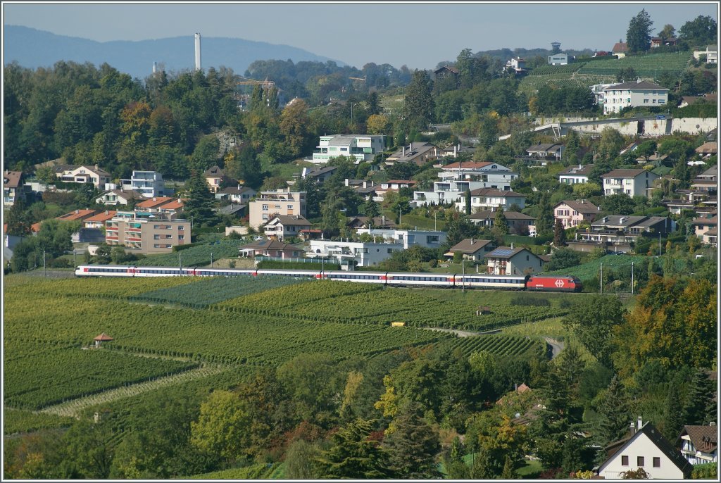 Eine Re 460 mit ihrem IR Luzern - Genve zwischen Bossirres und La Conversion.
3. Okt 2010