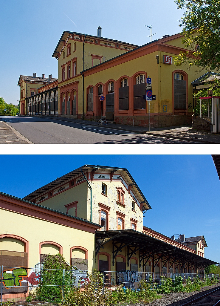 Eine Schande um dieses eigentlich wunderschne ehem. Empfangsgebude von dem Bahnhof in Diez (Lahn), hier am 05.05.2013. 
Das Gebude ist mittlerweile, laut einem Bericht der Rhein-Zeitung vom 10.11.2011), an eine Aktenvernichtungsfirma aus Hamburg verkauft ist.

Oben: Blick von der Straenseite 

Unten: der Blick von den Bahnsteigen, einfach grausam.