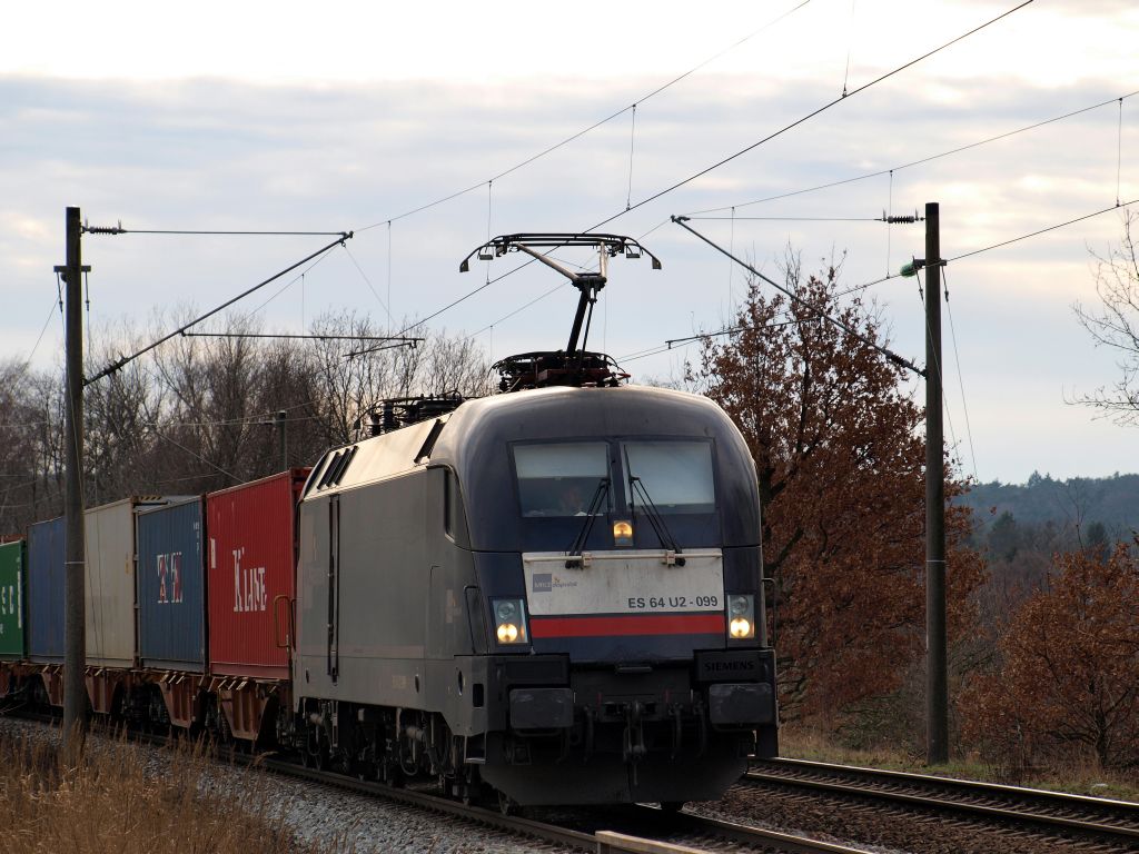 ES 64 U2-099 fuhr mit einem Containerzug gen Hafen durch Moorburg am 12.2.