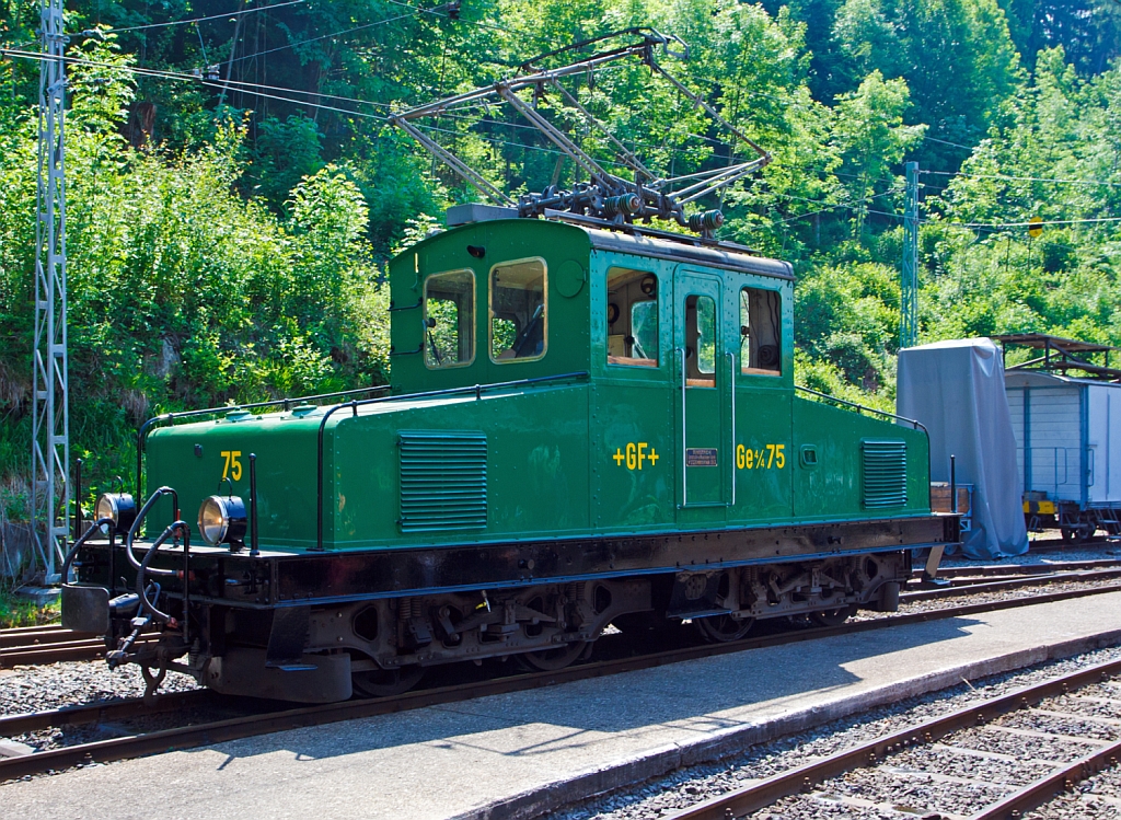 Halt von der Schattenseite - Die ex +GF+ (Georg Fischer AG, Schaffhausen) Werklokomotive Ge 4/4 75, am 27.05.2012 im Museum Chaulin (der Museumsbahn Blonay–Chamby). Die 1.000 mm E-Lok wurde 1913 von der Schweizerischen Lokomotiv- und Maschinenfabrik, Winterthur (SLM) unter der Fabrik-No. 2328 gebaut, der elektische Teil ist von der Maschinenfabrik Oerlikon (MFO).
Seit 1980 ist die Lok bei der Museumsbahn.