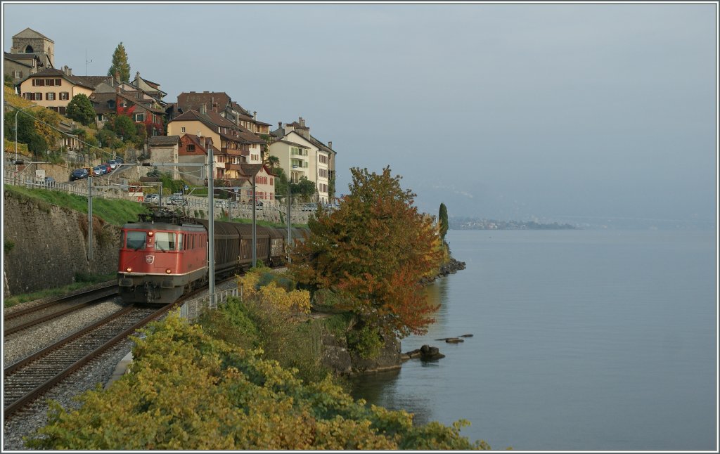 Hier nun noch ein Bild, ohne berraschung: auf der allseits wohlbekannten Fotoerstelle fliegen einem die Tauben nur so vor die Kamera  - hier in Form der SBB Ae 6/6 auf dem Weg nach Lausanne. 
A propos  Tauben in den Mund fliegen : Der Rebbauer, der gleich unterhalb der Fotostelle seine Trauben pflckte schenkte mir etliche der sen Frchte...
25. Okt. 2012