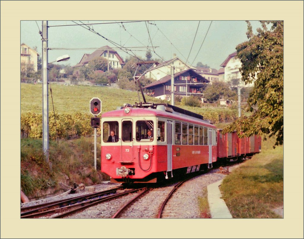 Jeweils am Nachmittag gegen drei wurden die morgens gegen zehn nach Blonay gebrachten Wagen wieder nach Vevey zurckgefahren, hier erreicht der BDeh 2/4 73 mit zwei Gk St-Lgier Gare. 
Gescanntes Negativ/Oktober 1985