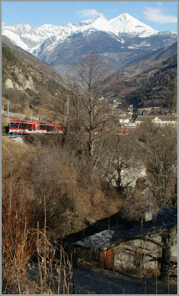 Kaum zu sehen: trozt der blattlosen Winterbume bei Stalden kann sich der MGB  Komet  nach Zermatt noch recht diskret verbergen...
21.01.2011