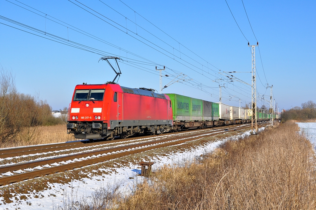 Mit dem KLV-zug 42149 war am 31.01.2012 die 185 317 in Dalwitzhof unterwegs.