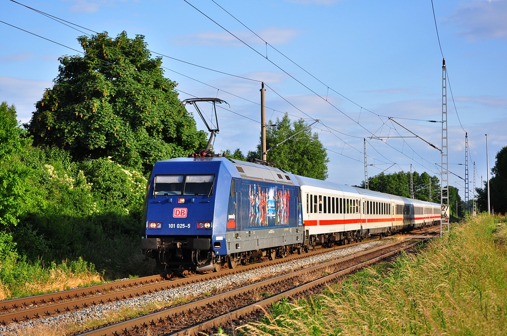 Mit IC 2288 rauscht die 101 025 am 22.06.2013 durch Sildemowm ihrem nchsten Halt Rostock Hbf entgegen.