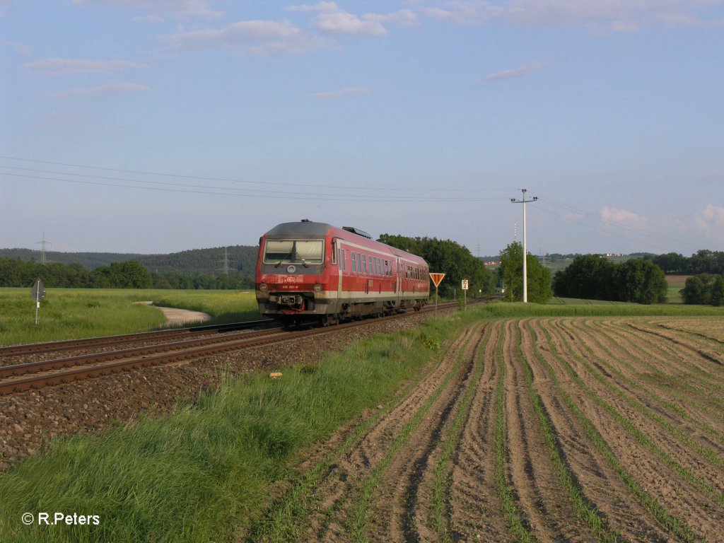 Nachschuss von 610 001 als RE3593 nach Regensburg bei Zeitlarn. 29.05.10