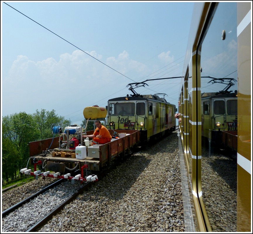 Noch eine Zugbegegnung mit versemmelter Spiegelung. ;-) Der Goldenpass Classic begegnet am 25.05.2012 dem MOB Unkrautvernichtungszug in der Nhe von Chamby. (Jeanny)