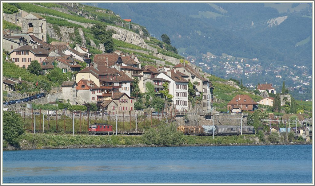 Re 4/4 II mit einem Gterzug bei St-Saphorin. 
7. Juli 2010