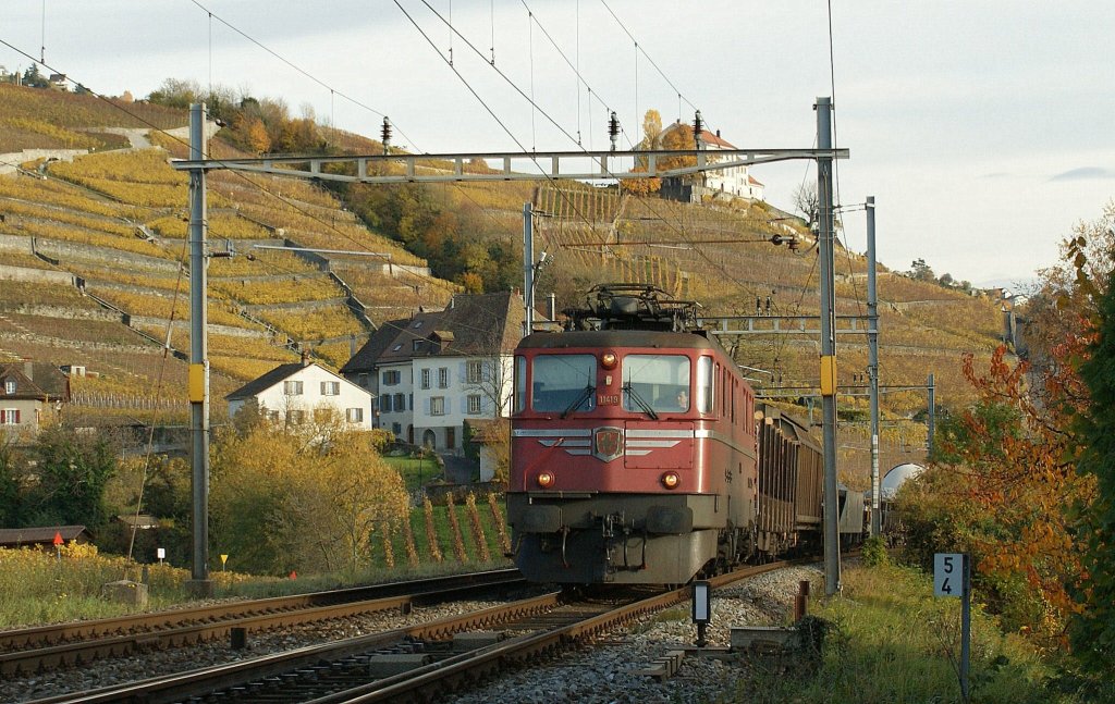 Rote Ae 6/6 N 11419  Kantonslok  im herbstlichen Lavaux bei Lutry.
10.Nov. 2008