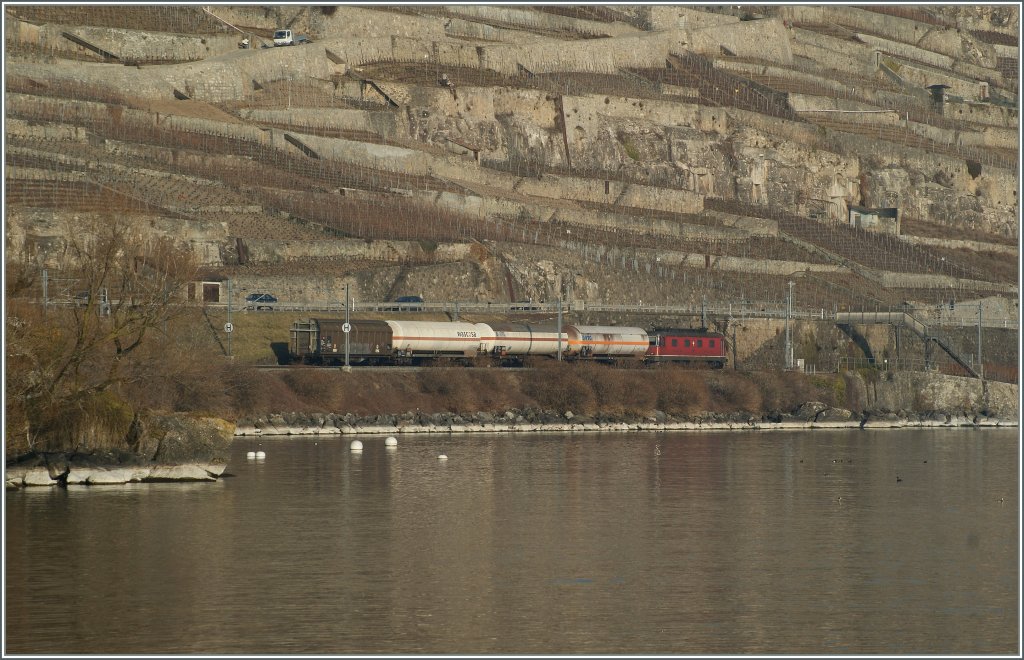 Sonst nicht mein Ding, aber hier konnte ich nicht widerstehen: Ein Nachschuss auf einen kurzen Gterzug bei Rivaz. 
1. Mrz 2012