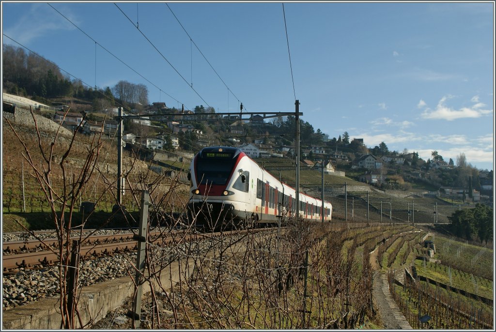 Und noch ein SBB Flirt RABe 523 im Lavaux, zwischen Grandvaux und Bossière. 

4. Jan. 2013