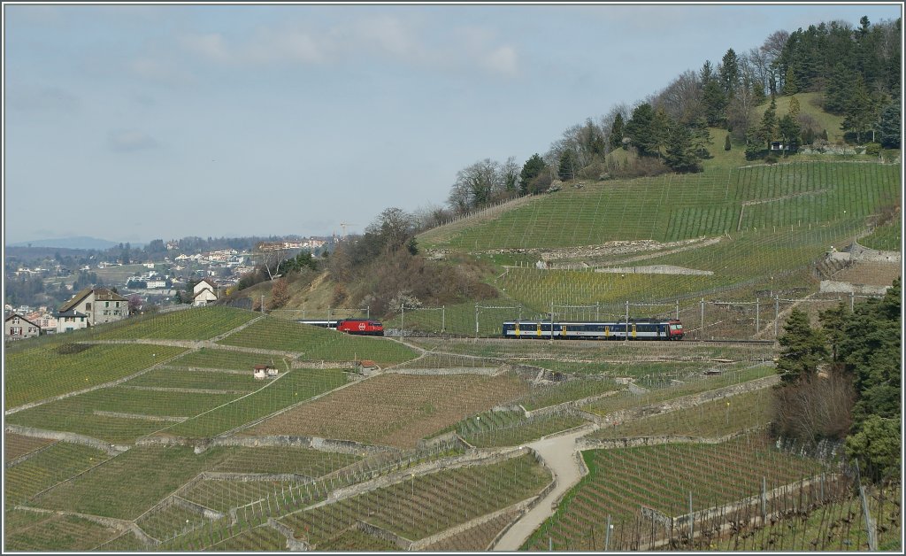 Whrend der NPZ als S 4 12438 von Palzieux nach Morges unterwegs ist, kommt aus der Gegenrichtung die Re 460 085-4 mit ihrem IR 2525 nach Luzern entgegen.
1. April 2011
