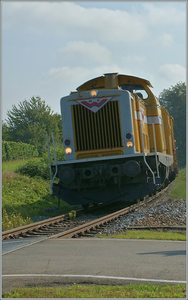 Ziemlich berraschend und bei Gegenlicht kam mir bei einem Bahnbergang zwischen Wasserburg und Nonnenhorn diese Wiebe-V100 entgegen. 
(Die genaue Baureihenbezeichnung entzieht sich meiner Kenntnis)
9.Sept. 2009