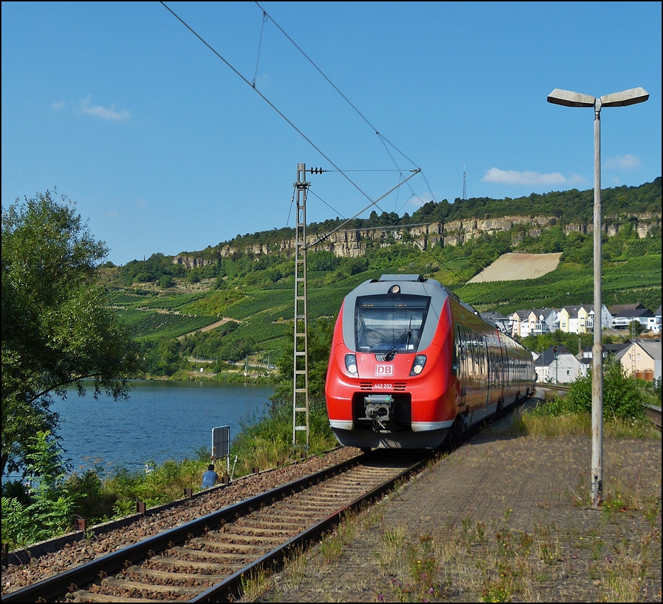 . Der vierteilige Hamster 442 202 erreicht am 21.08.2013 die Haltestelle Nittel an der Obermoselstrecke. (Jeanny)