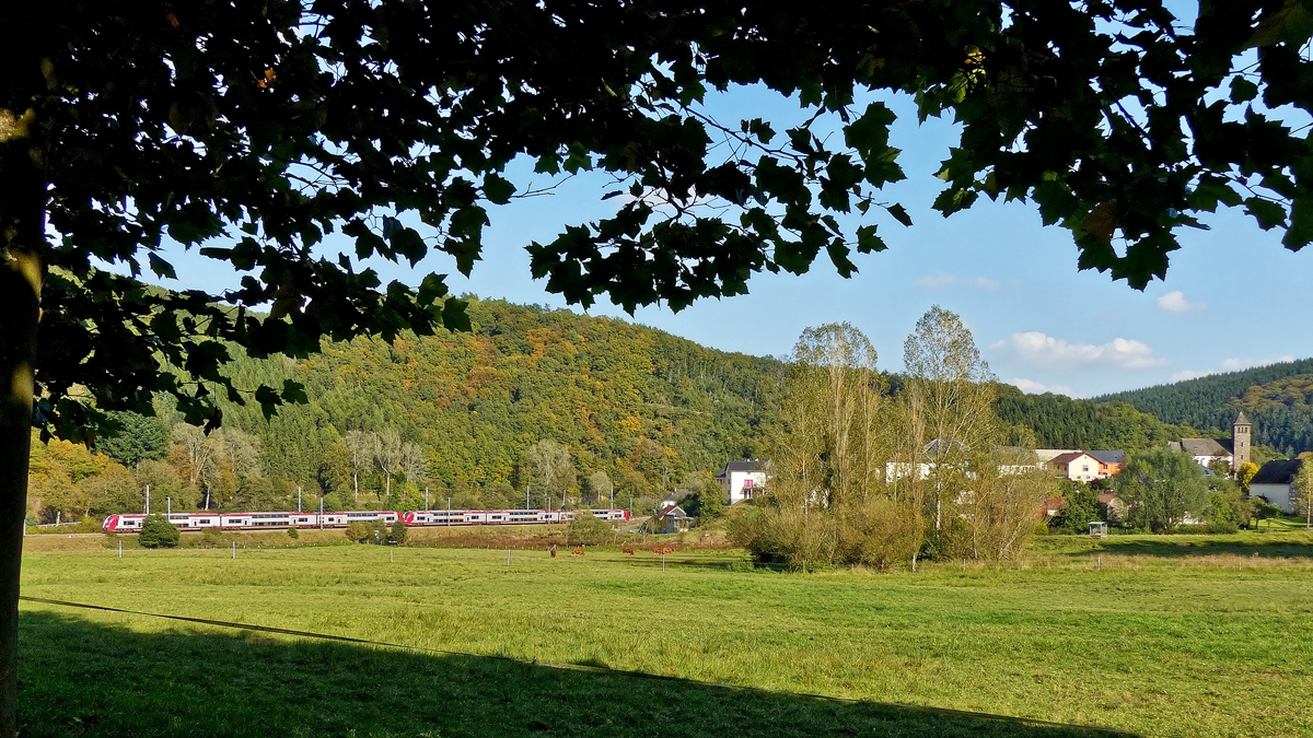 . Goldener Oktober - Der IR 3741 Troisvierges - Luxembourg, bestehend aus zwei gekuppelten Triebzgen der Srie 2200, fhrt am 03.10.2014 durch das beschauliche Tal der Clerve kurz bevor er die Haltestelle Drauffelt erreicht. (Jeanny)