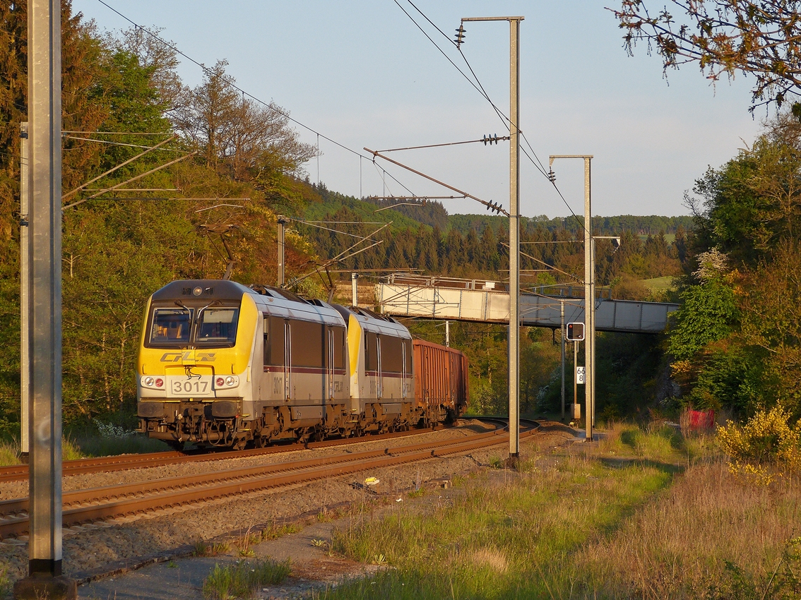 . Gterverkehr auf der Nordstrecke - Mit gebndelter Kraft ziehen die 3017 und die 3005 einen langen Gterzug ber die Nordstrecke in der Nhe von Wilwerwiltz in den letzten Sonnenstrahlen des 16.05.2014. (Hans)

Seit Februar 2012 betreibt die CFL Cargo unter der Woche einen Gterzug ber die Luxemburger Nordstrecke und via Gouvy weiter nach Belgien. Dieser Kohlezug aus Sibelin (F) bei Lyon muss nach Born (NL), um dort befllt zu werden. Zwischen Hagondange (F) und Vis (B) wird der Zug von einer Doppeleinheit CFL 3000 befrdert. Sonntags verkehrt der Zug planmssig via Arlon, da das grsste der vier Luxemburger Stadtviadukte an verschiedenen Wochenenden wegen Bauarbeiten unpassierbar ist.